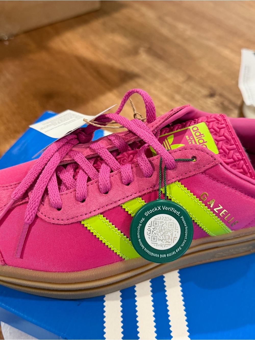 adidas Kids Gazelle Sneakers in Hot Pink with Neon Green Stripes